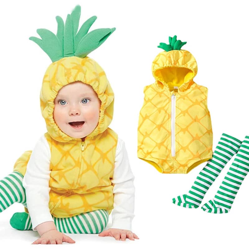 0-18M Baby Girls Boys Pineapple Costume Infant Bodysuit Short Romper Hoodie Purim Halloween Fancy Dress with Stockings