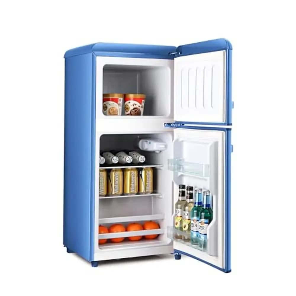 Mini Retro Fridge Freezer with Ice Trays Dorm Office Kitchen Double Door Glass Shelf Adjustable Temperature Control Energy Star
