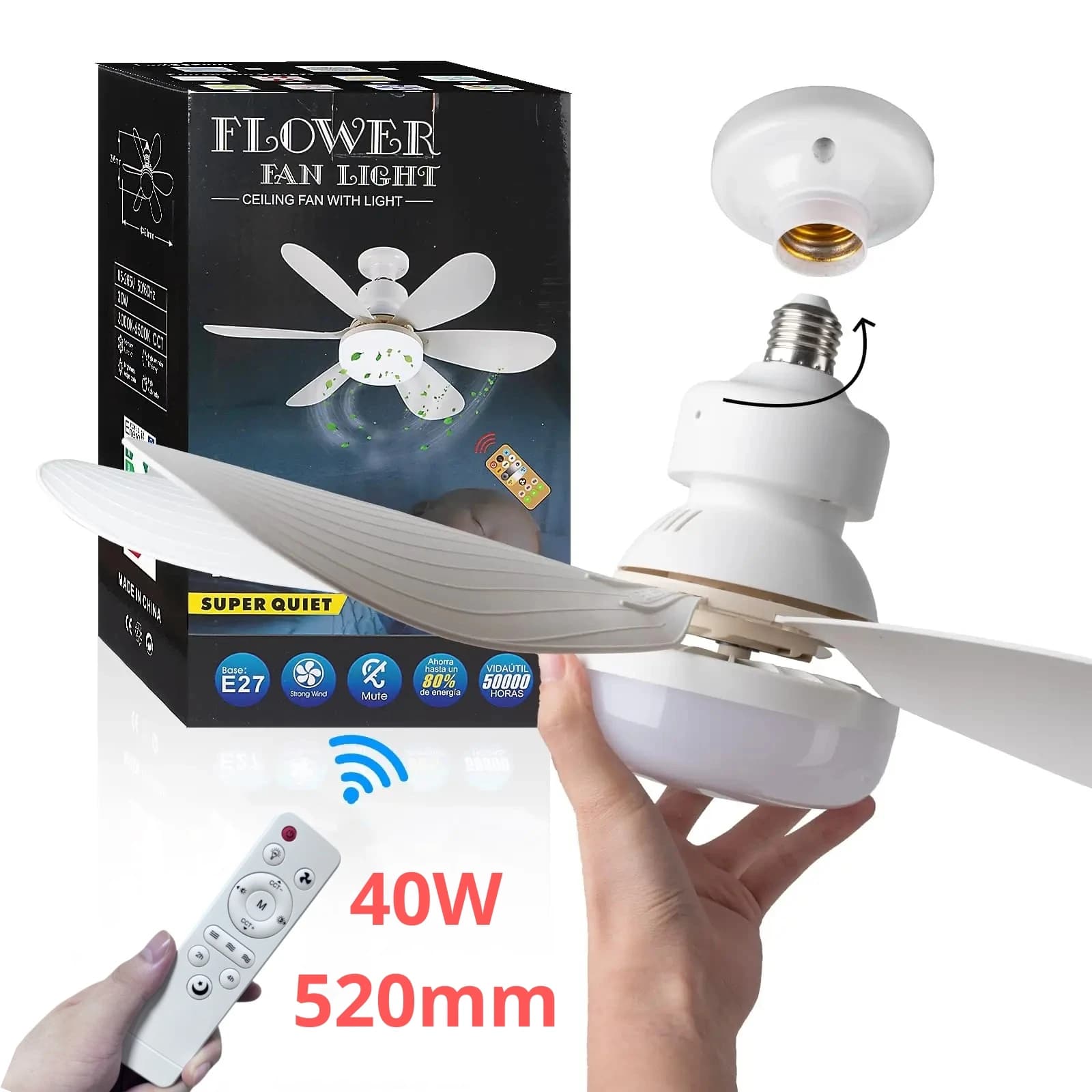 LED 40W Socket Ceiling Fan with Light, 20.5in Screw Ceiling Fans with Lights with Remote, For Bedroom/Garage/Kitchen