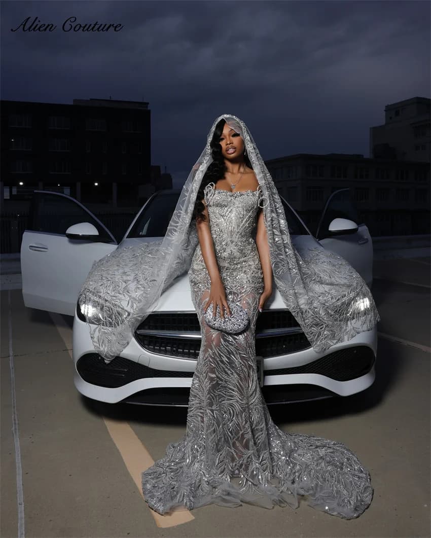 Elegant Silver Luxury African Evening Dresses With Cape Crystal Beading Wedding Reception Party Prom Gowns Customized