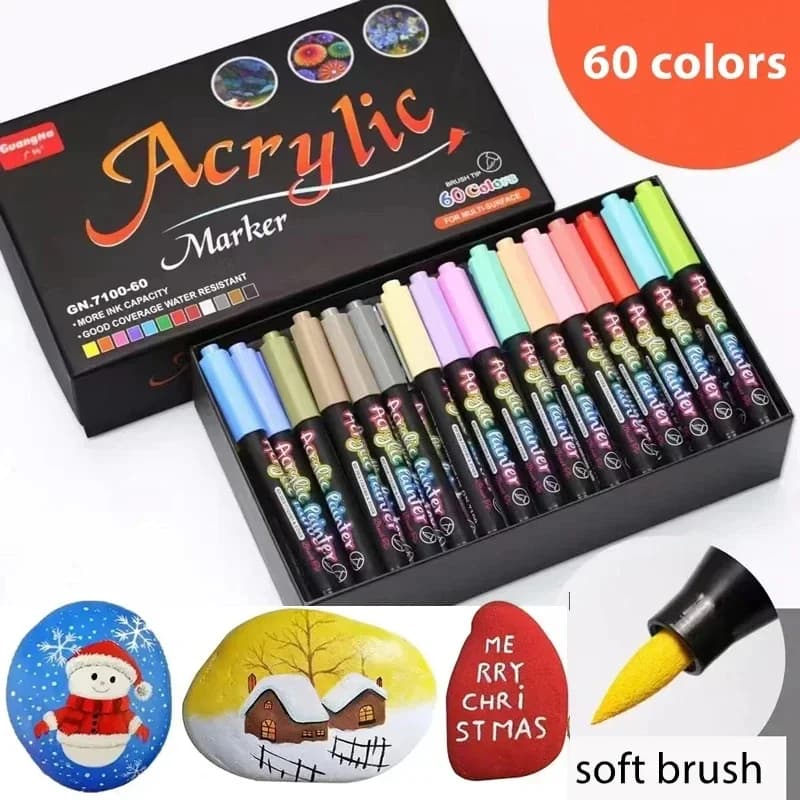 60 Colors Acrylic Paint Pens Markers Permanent Markers for Rock Painting Glass Ceramic Fabric Wood Metal Brush Tip Art Supplies