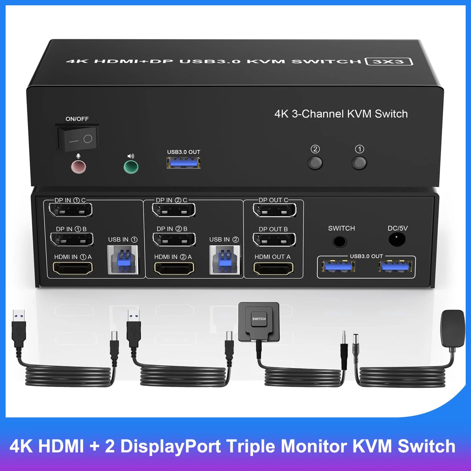 HDMI + 2 Displayport USB 3.0 KVM Switch Triple Monitor for 2 Computers 3 Monitors,4K@60Hz KVM Switch with Audio Microphone