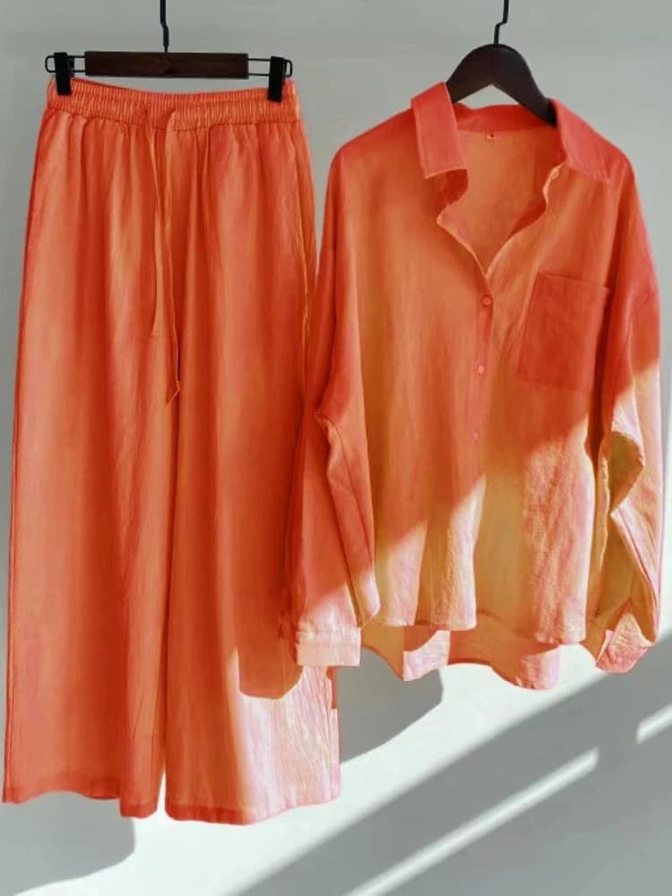 2024 Cotton Linen Women's Pijamas Set Sweatshirt Loose Sleepwear Women's 2pcs Long Sleeve Pants Set Retro Oversize Suit Pockets