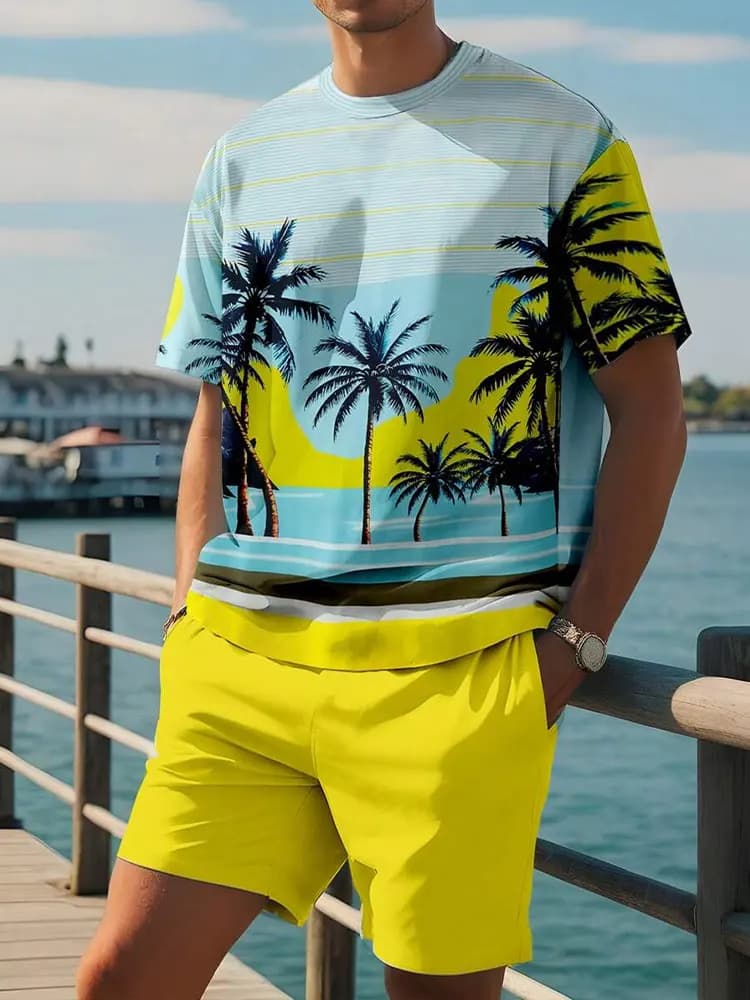 2025 Men's 2 Piece Set Hawaiian Fashion Men's T-shirt Shorts Set Daily Casual Men's Short Sleeve Top Outdoor Beach Men's Short
