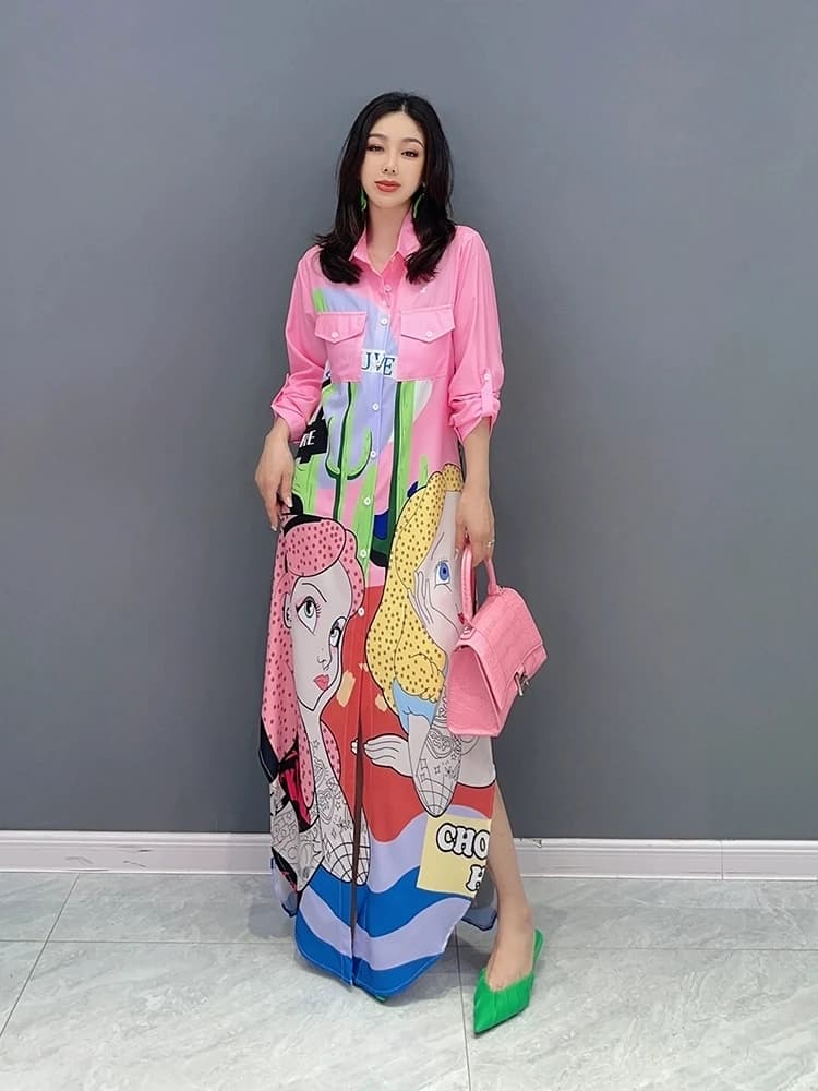 2024 Autumn New Elegant Patchwork Loose Long Dress Women Fashion POLO Collar Long Sleeve Dress Wholesale J572