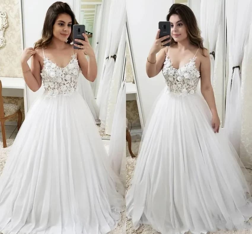 Simple A-line Wedding dress Sexy V-neck Decal Spaghetti Strap 3D Flower Long Beach Bohemian Bridal dress Custom Plus size