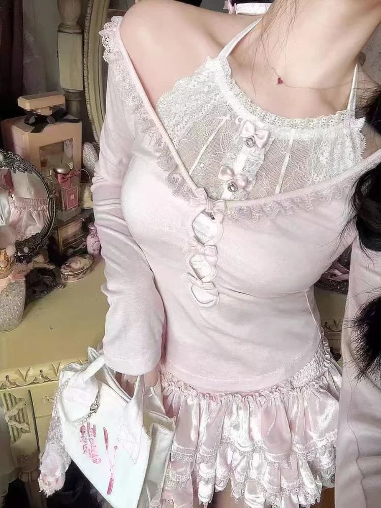 Japanese Lolita Kawaii 3-Piece Set Women Korean Sweet Cute Skirt Suit Female Pink Y2k Blouse + Suspender Vest + Party Mini Skirt