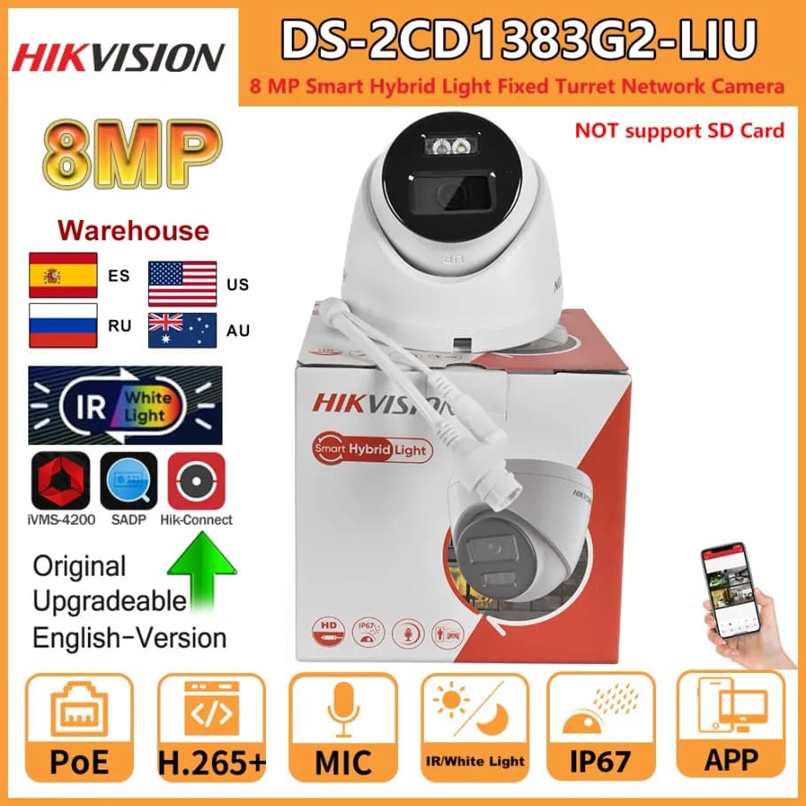 Hikvision 8MP IP Camera DS-2CD1383G2-LIU Built-in Mic Dual-Light 4K Smart Hybrid Light With ColorVu Fixed Turret Network Camera