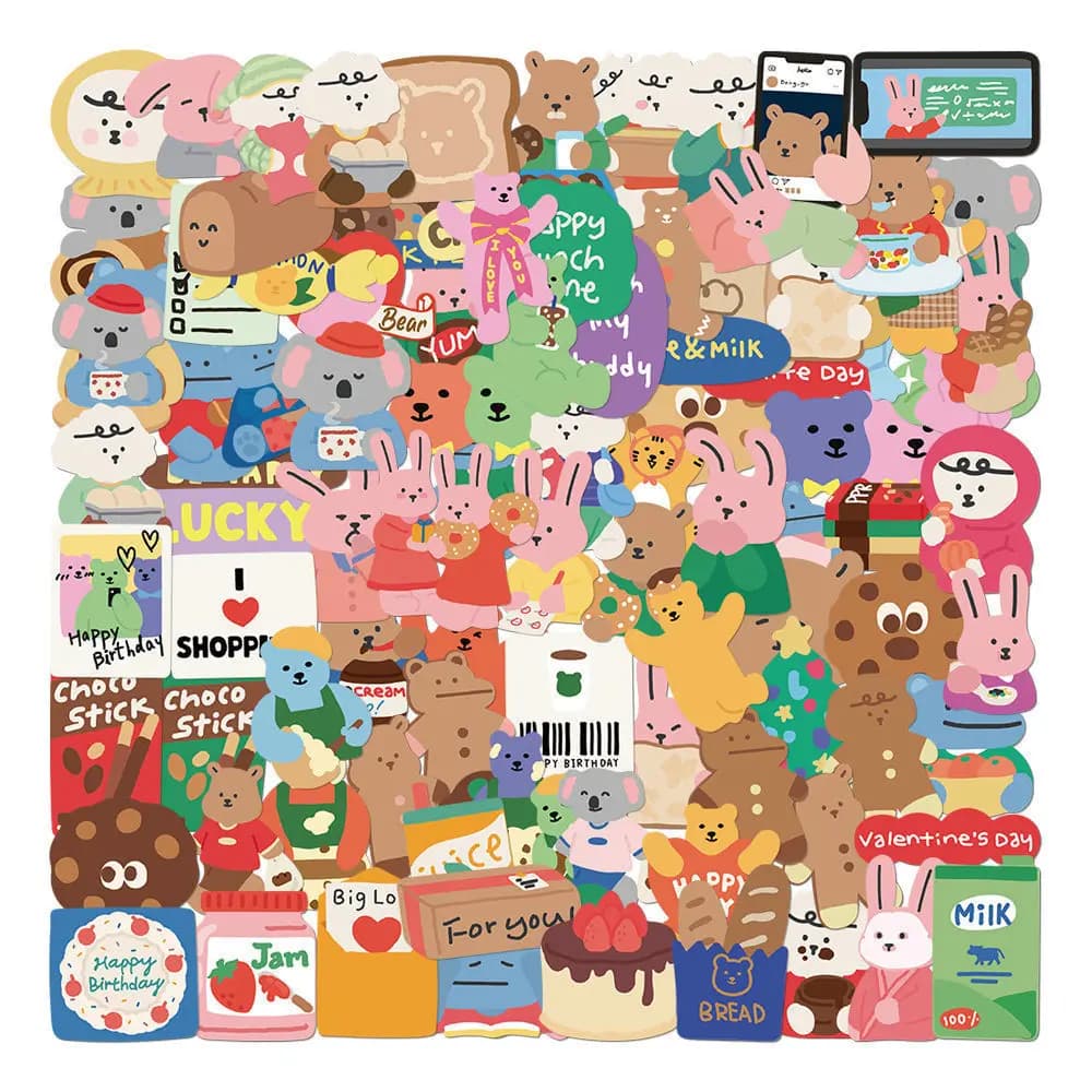 100PCS Cute Korean Rabbit Bear Stickers DIY Kids Toys Decals for Loptop Notebook Skateboard Phone Waterproof Kawaii Sticker