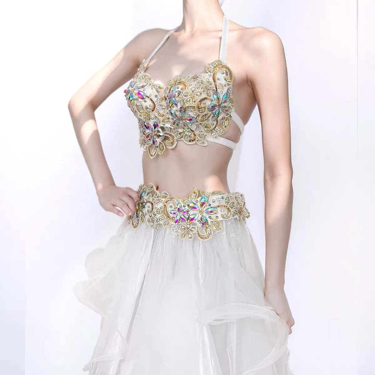 Belly Dance Costume Flower Top Waist Belt Long Skirt Set Carnival Samba Outfit Wedding Party Fancy Luxury Clothes Rave Outfit