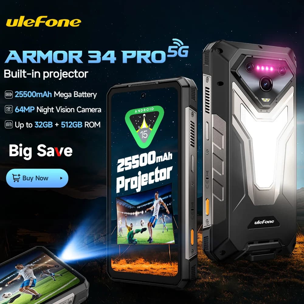 【World Premiere】Ulefone Armor 34 Pro 5G AI Rugged Phone 25500mAh Up to 32GB+512GB Built-in Projector 120Hz 6.95" NFC Smartphone