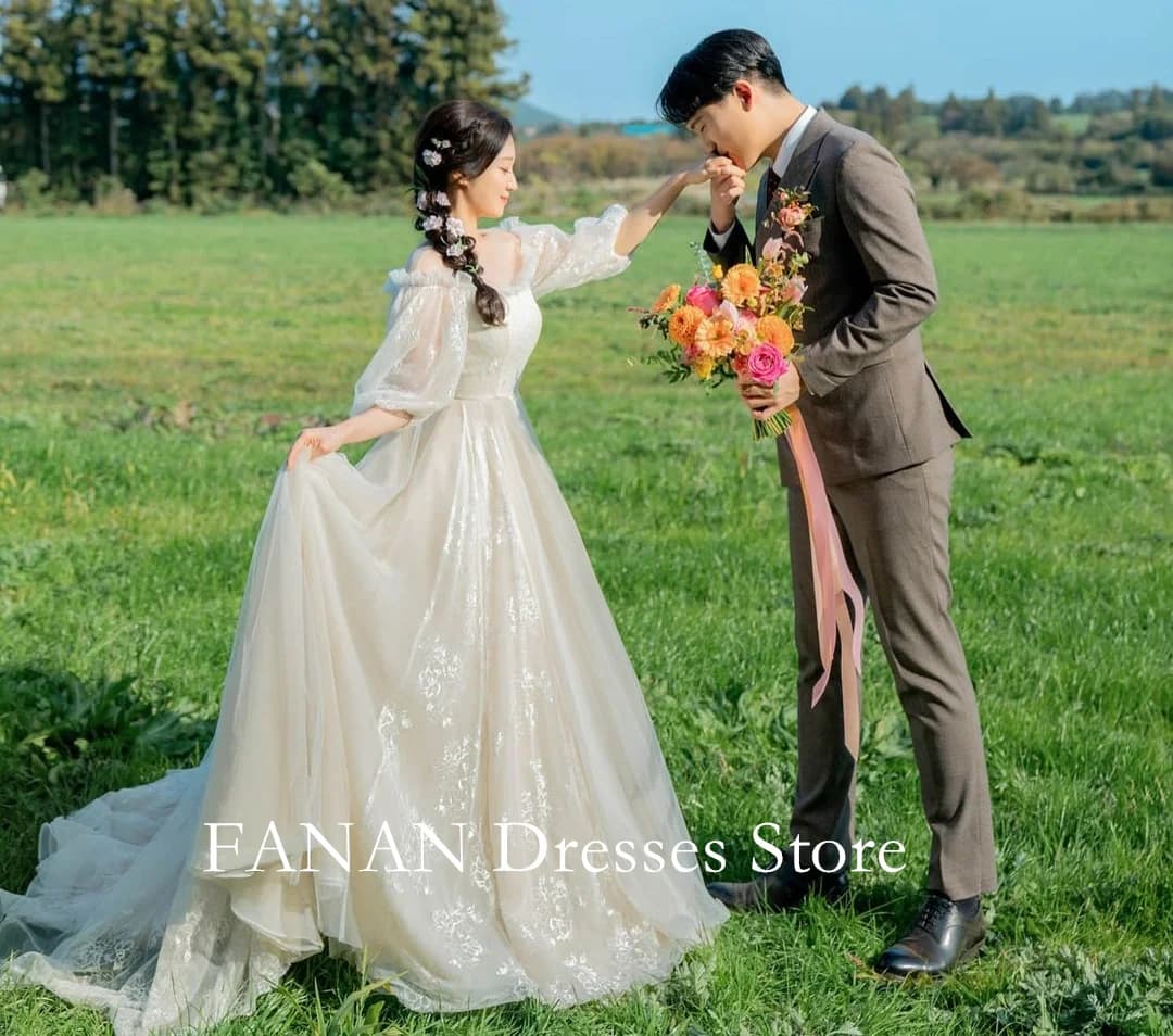 Colavis Asta Korea Puff Sleeves Ivory Wedding Dresses 웨딩드레스 Lace Tulle Custom Made Ruched Photoshoot Bride Gowns Plus Size