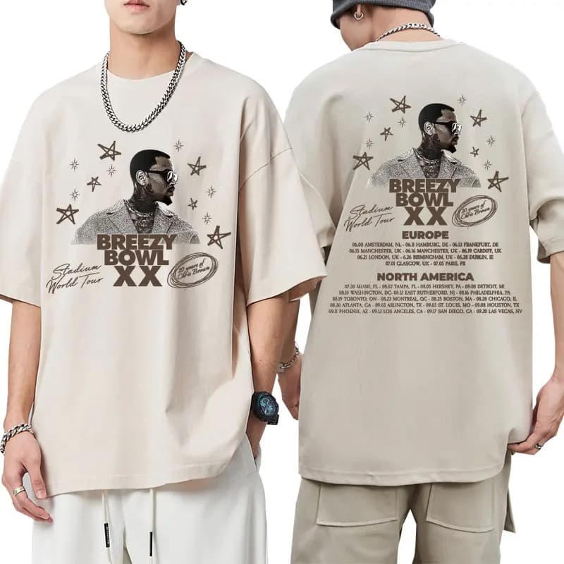 Rapper Chris Brown Breezy Bowl XX Tour T-shirt Hip Hop Men Women Fashion O-Neck T Shirt Oversized Cotton Casual Tees Streetwear