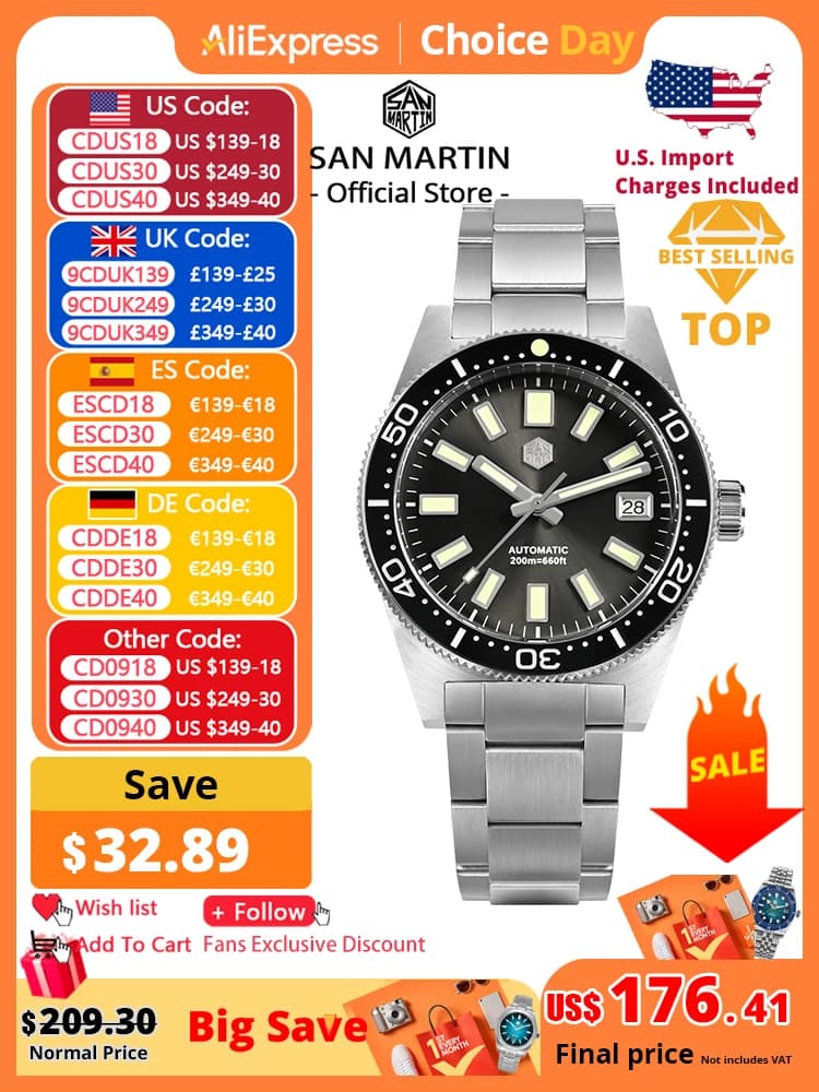 San Martin 62mas Diver Watch 39mm Classic NH35 Men Automatic Mechanical Watches Sapphire Waterproof 200m SLN C3 Luminous SN0007
