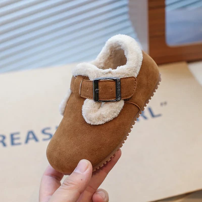 Baby Kids Winter Suede Boots Plush Girls' Boy Home Shoes 2024 Winter Children's Metal Buckle Hoop Loop Flat Casual Shoe 21-34