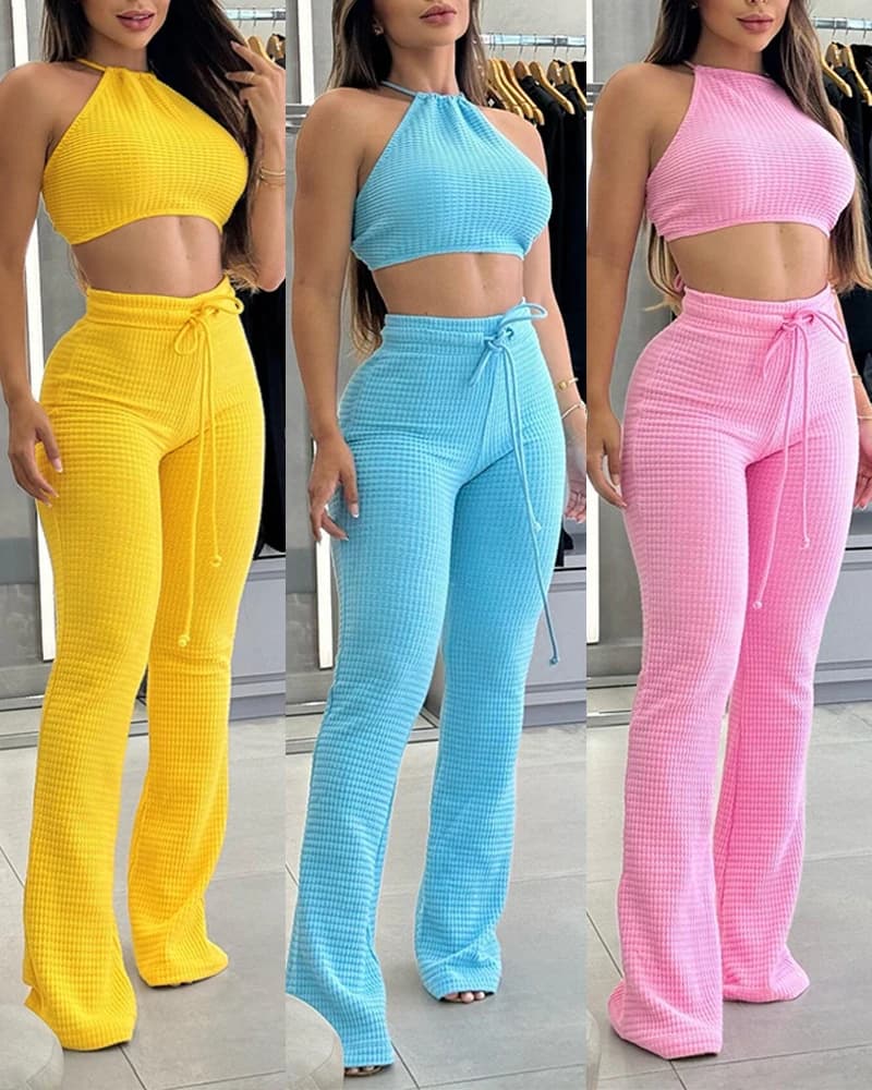 Women's Fashion Casual Waffle Solid Color Strap Top Tight Pants Set for Spring/Summer 2025 New Women's Clothing