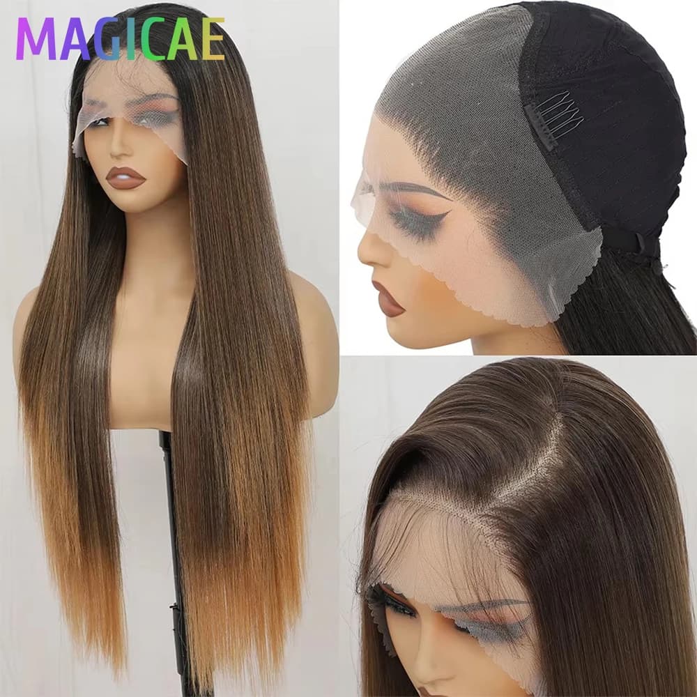 30Inch 13X4 Straight Lace Frontal Wigs Light Brown P12/24 Ombre Colored Pre-pluck Soft Natural High Temperature Cosplay Wigs