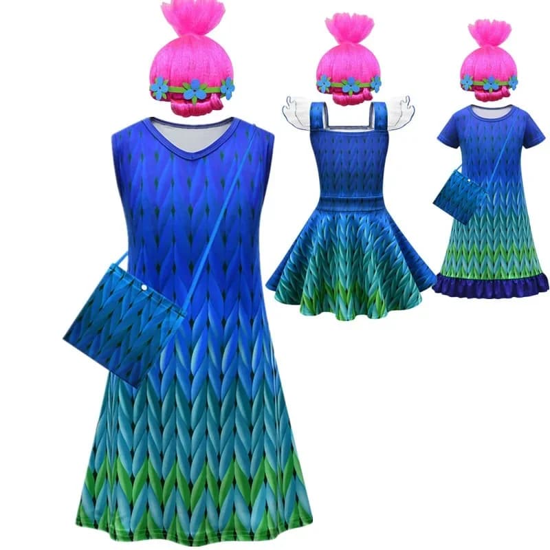 Halloween baby girls dresses trolls 3 poppy cosplay costumes summer dress for girls kids fancy birthday party dress with wig set