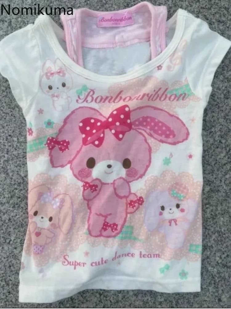 Japanese Woman Tshirts Fake Two Summer Kawaii Tees Crop Tops 2025 Ropa Mujer Cute Anime Print Casual Y2k T Shirt Shirt for Women