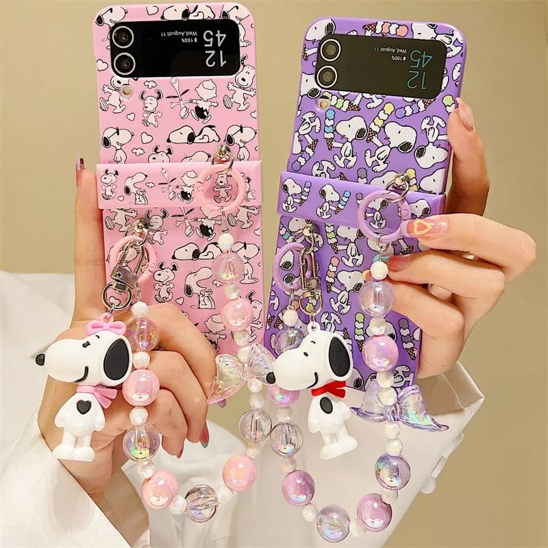 Cute Cartoon Snoopy Phone Case For Samsung Galaxy Z Flip 6 5 Candy Colorful Hard Plastic Cover For Z Flip 3 4 With Lanyard