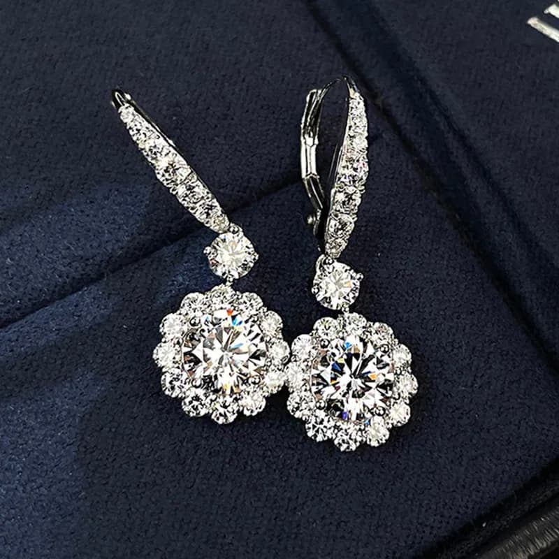 Elegant Flower Moissanite Diamond Dangle Earring 100% Real 925 Sterling Silver Wedding Drop Earrings for Women Bridal Jewelry