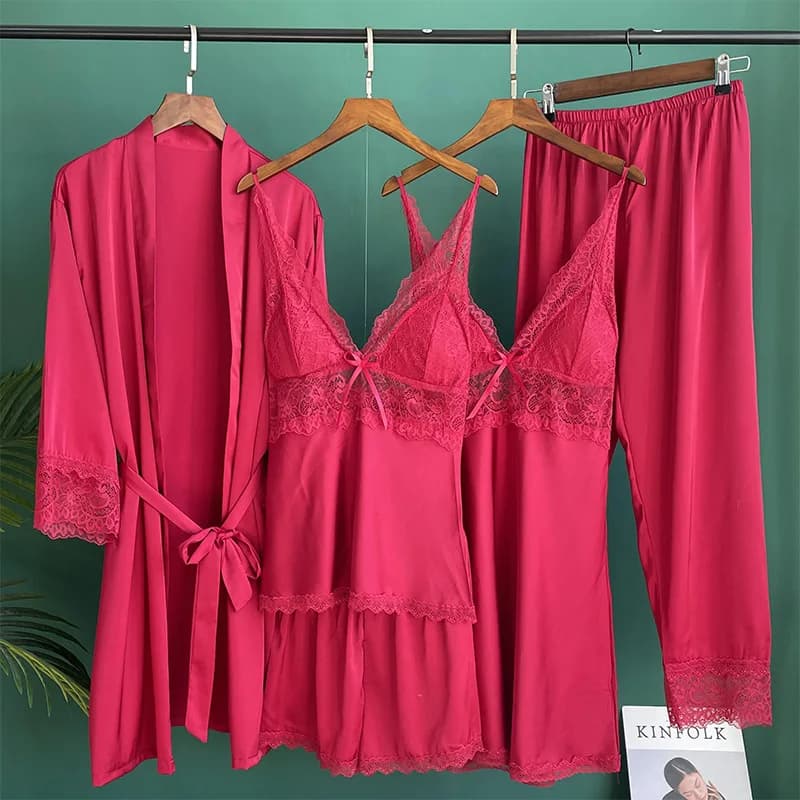 5PCS Sleepwear Set Burgundy Satin Wedding Robe Nightgown Sexy Lace Kimono Bathrobe Gown Nightwear Loose Home Dress Lounge Wear