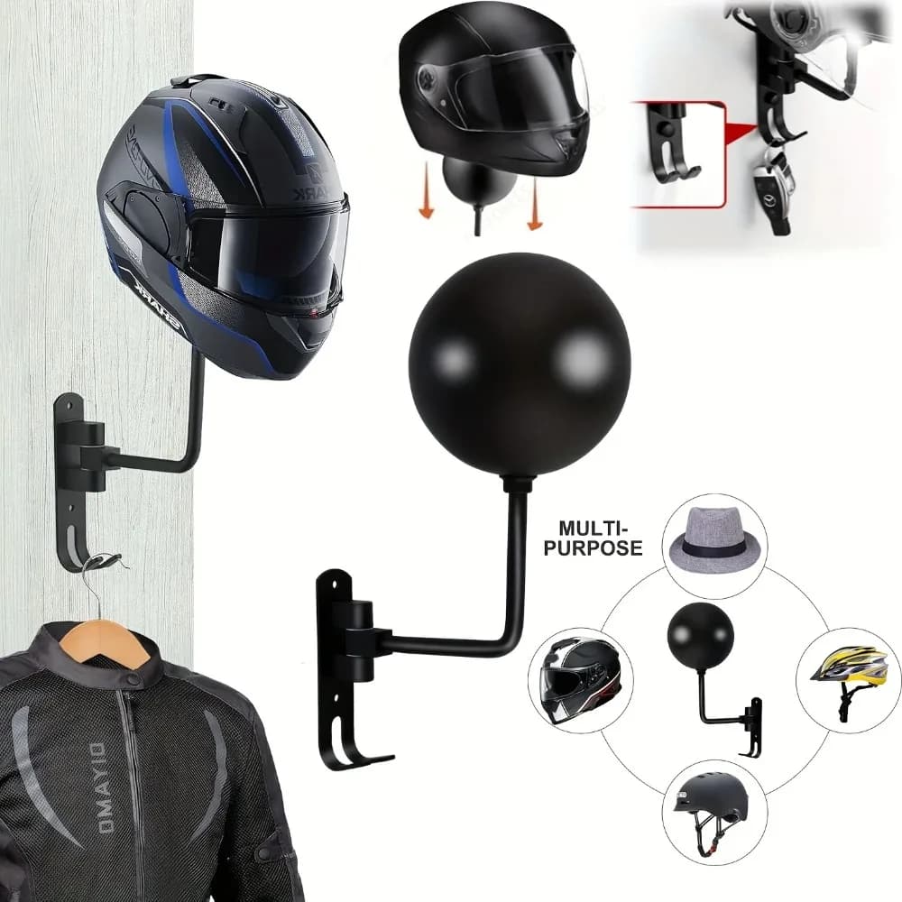 2-in-1 Rotatable Helmet Wall Mount w/ Hook - Stainless/Aluminum, 180° Swivel, 3 Colors (Black/Gray/White) for Home/Motorcycle