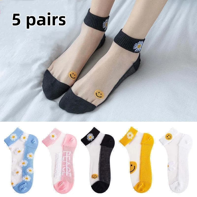 5 Pairs/Set Lovely Daisy Ultra-thin Glass Silk Breathable Short Women Socks Suit In Spring Summer
