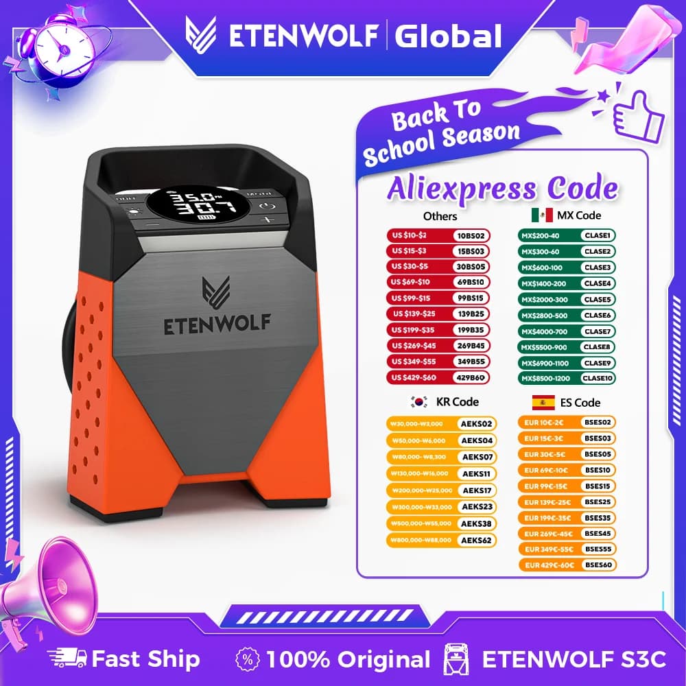 ETENWOLF ZEPHYR S3C Portable Air Compressor 100% Duty Cycle Car Tire Inflator 7800mAh for Cars, Motorcycles, Bicycles Balls