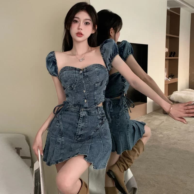 Vintage Denim Sets Women Off Shoulder Straps Mini Top+Pleated Short Skirt Fashion Summer Sexy Two Pieces Suits