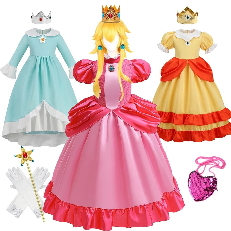 Peach Princess Dress Girl 2-10 Yrs Daisy Cosplay Costume Rosalina Dress Up Clothes Children Birthday Theme Party Carnival Outfit