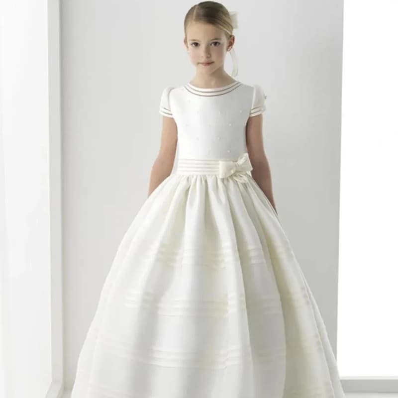 Customized Flower Girls Dresses Vintage Ivory Satin Pearls Top With Bow For Wedding Birthday Party Princess Baptism Gowns