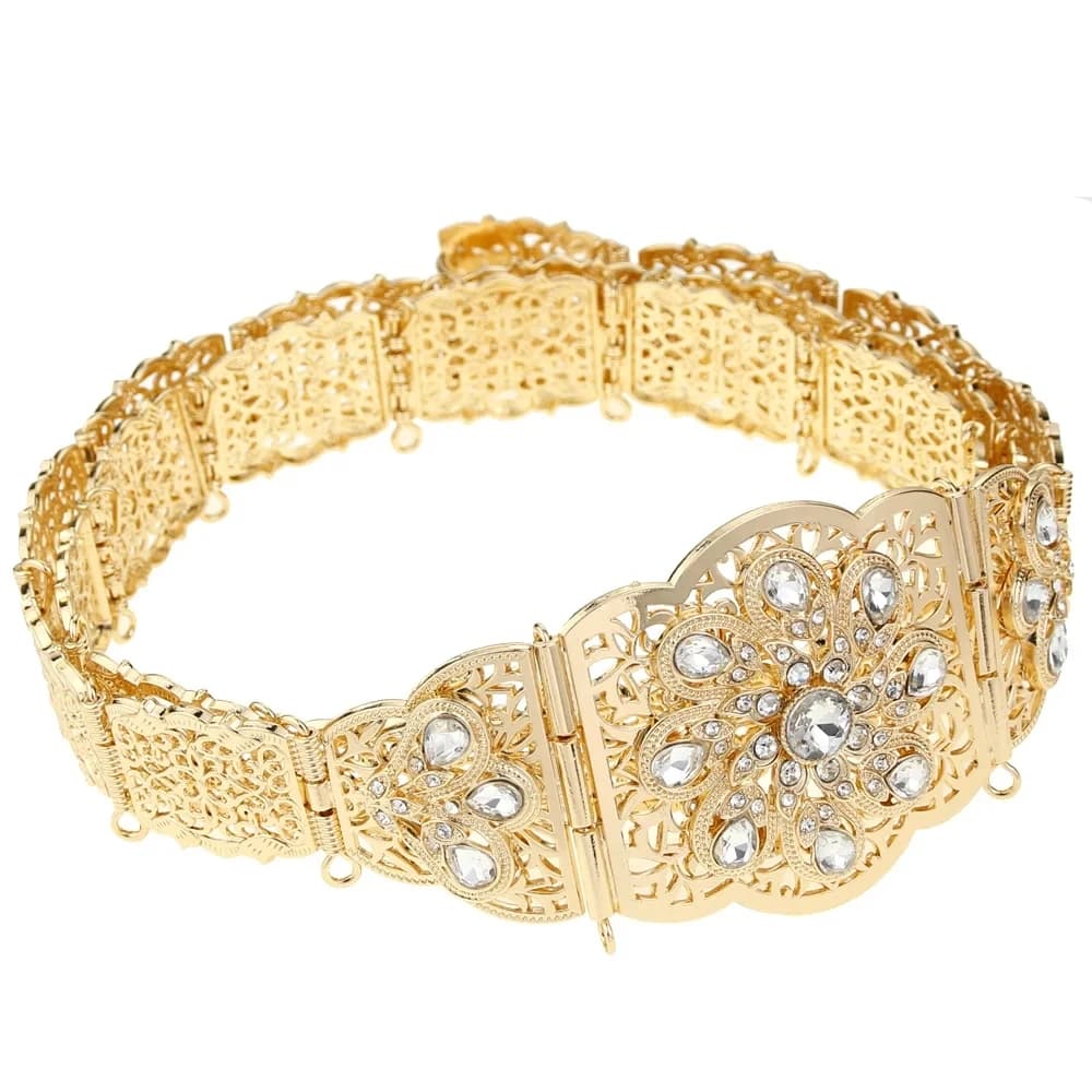 Sunspicems Chic Gold Color Arab Caftan Belt Waist Chain For Women Crystal Morocco Bridal Belt Adjustable Length Wedding Jewelry