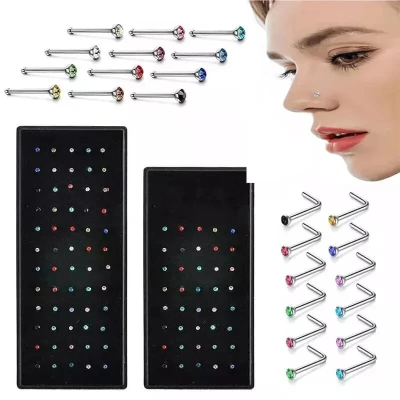 40/60 Pcs/Set Crystal Stainless Steel Nose Piercing Pack Straight Nose Ring Kit L Nose Stud Piercing Titanium Helix Body Jewelry