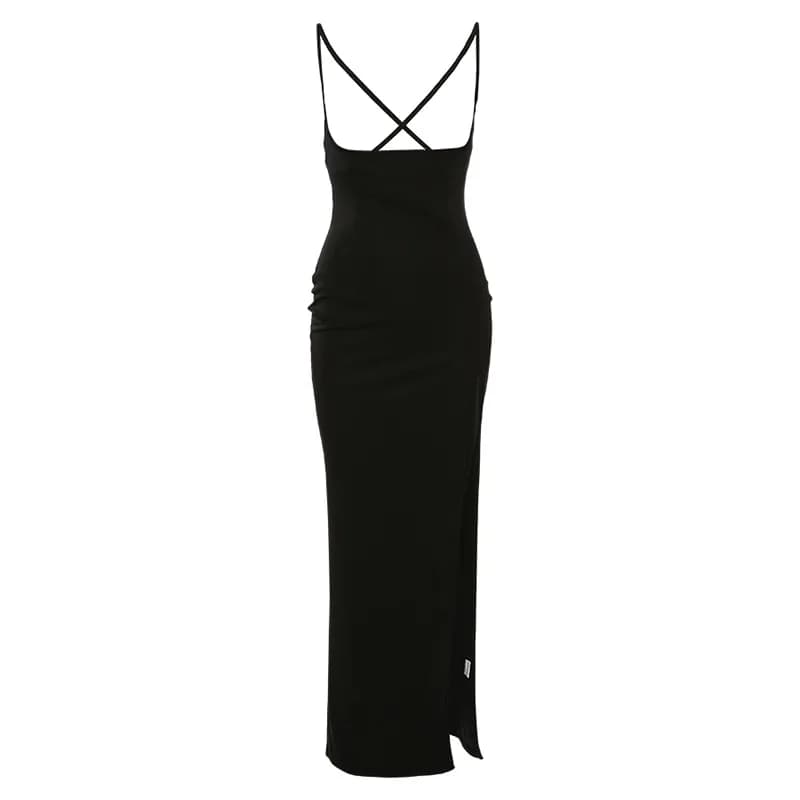 European and American Style Autumn and Winter New Women's Suspender Cross Exposed Back Sexy Slit Slim Fit Dress for Women