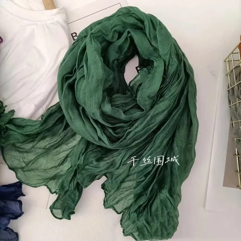 VREOVOR Solid Color Hand Feel Scarf Retro Autumn Winter New Pleated Green Thin Strip Shawl Men's Women's Thermal Silk