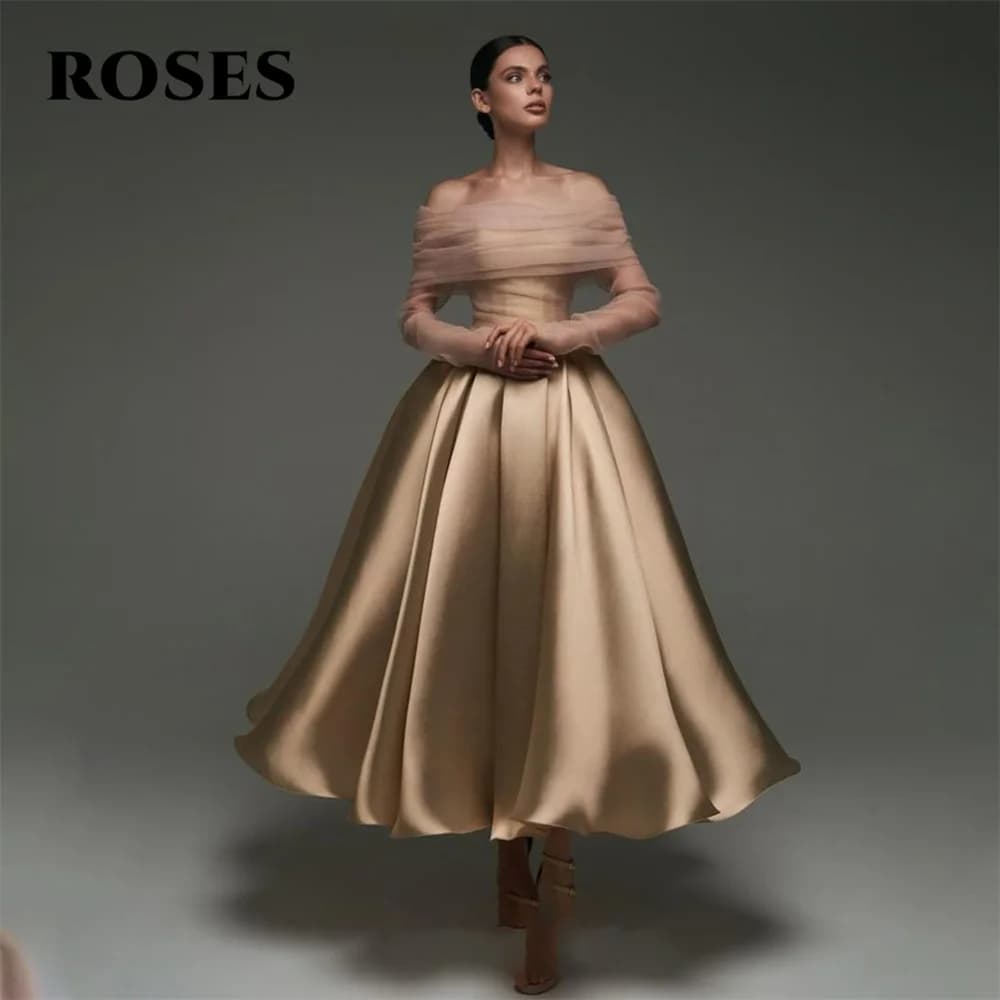 ROSES Gold Soft Stain Evening Gown A-Line Elegant Prom Dress Off Shoulder Pleat Wedding Evening Dress robes de soirée Customized