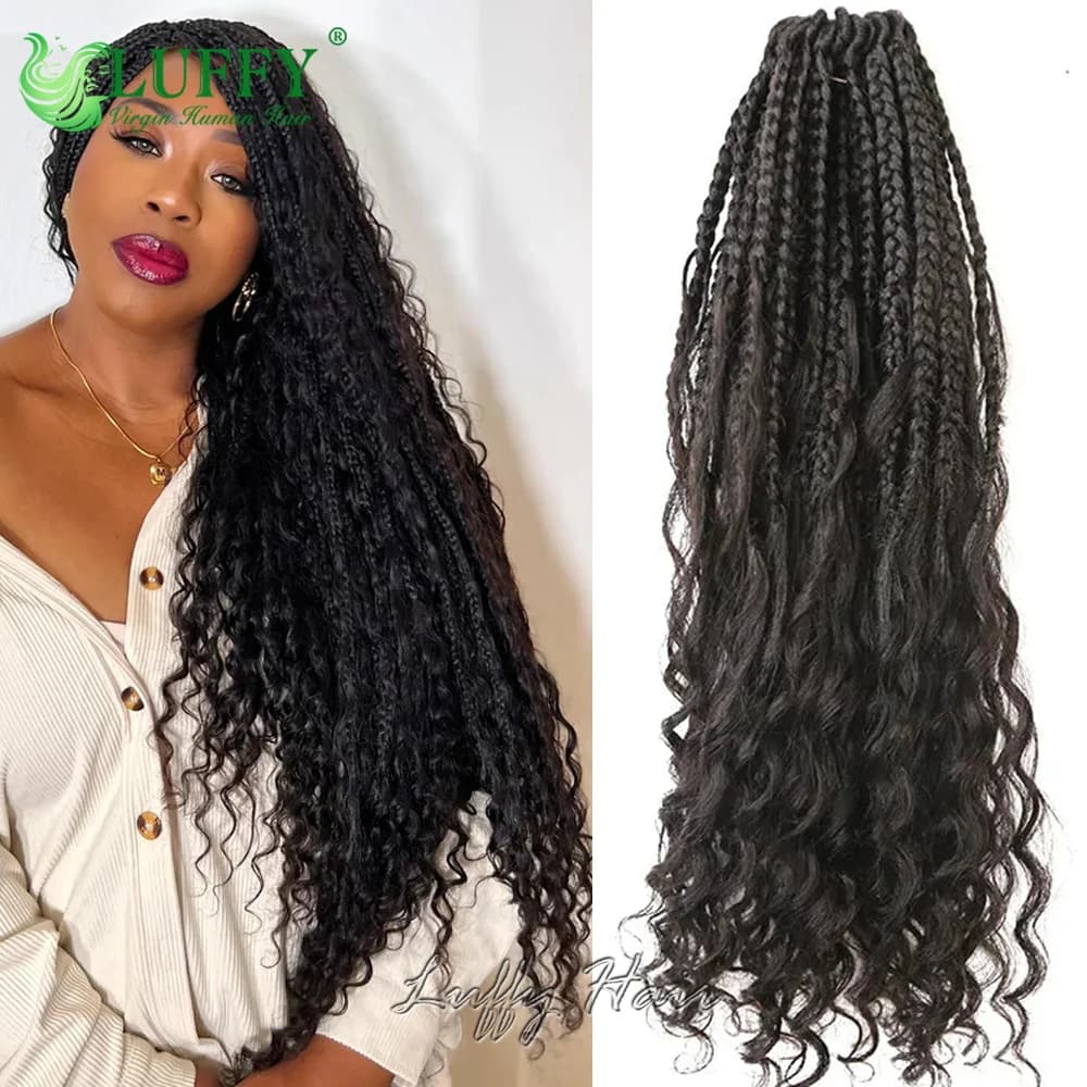 Crochet Boho Box Braids With Human Hair Curls Pre Looped Box Braids With Curly Human Hair Full Ends Hair Extensions