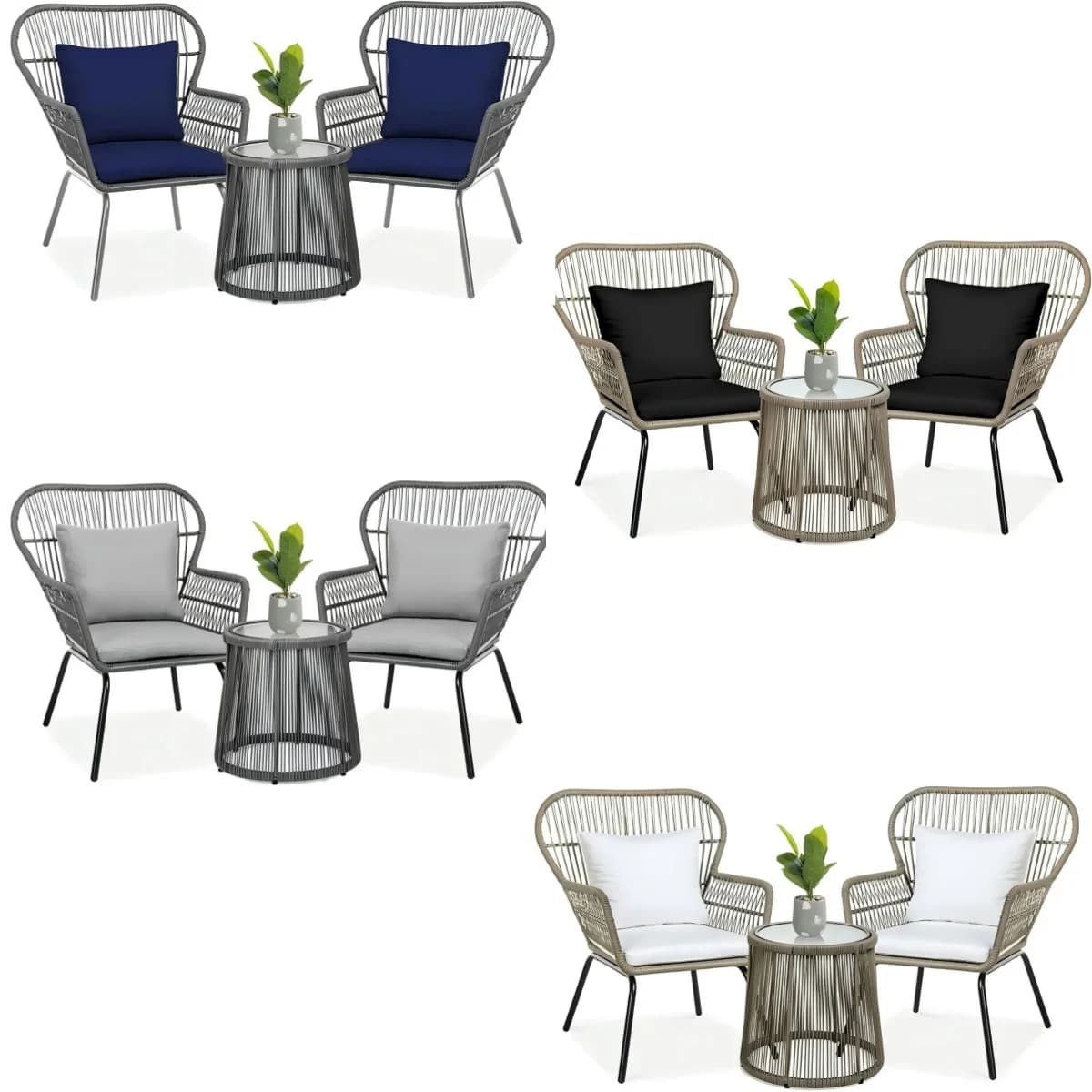 3 Pieces Patio Conversation Bistro Set, Outdoor PE Rattan Furniture Set, 2 Wide Ergonomic Chairs, Cushions, Glass Top Side Table