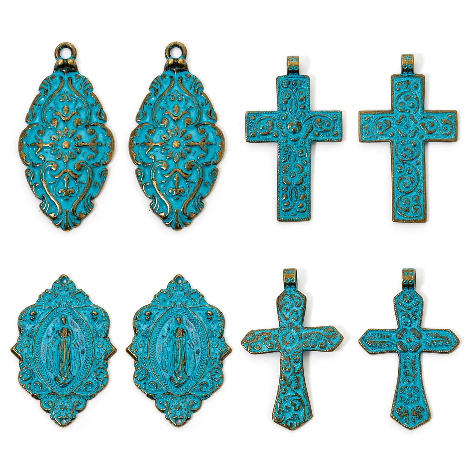 2pcs Religious Pendants Antique Bronze Blue Cross Virgin Mary Carved Pattern Patina Charms For DIY Necklace Jewelry 7.6cmx4.4cm