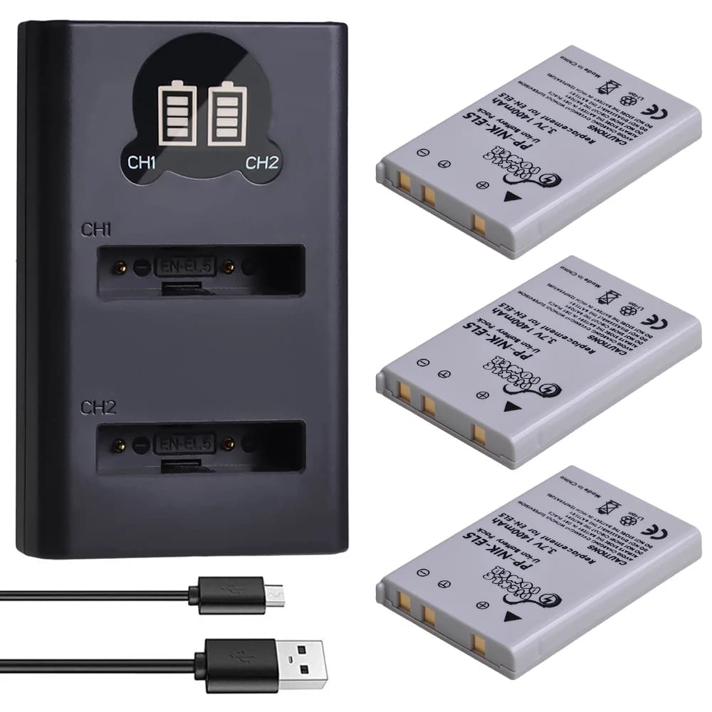 Pickle Power Digital Camera Battery for Nikon Coolpix P80 P90 P100 P500 P510 P520 EN-EL5 ENEL 5 +LED USB Dual Charger