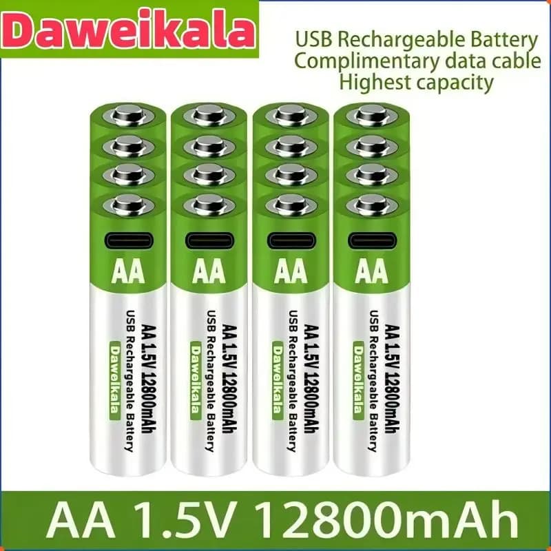 1.5V 2024 New AA USB Rechargeable Battery 12800 mAh Li-ion Battery for Remote Control Mouse Electric Toy Battery + Type-C Cable