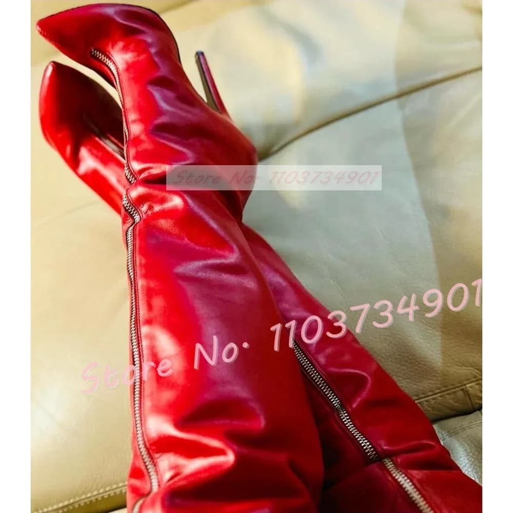 Front Zip 16cm Extreme High Heels Crotch Boots Women Sexy Thin Heel Red Mid-Thigh Boots Ladies Trendy Feminine Pointy Toe Shoes