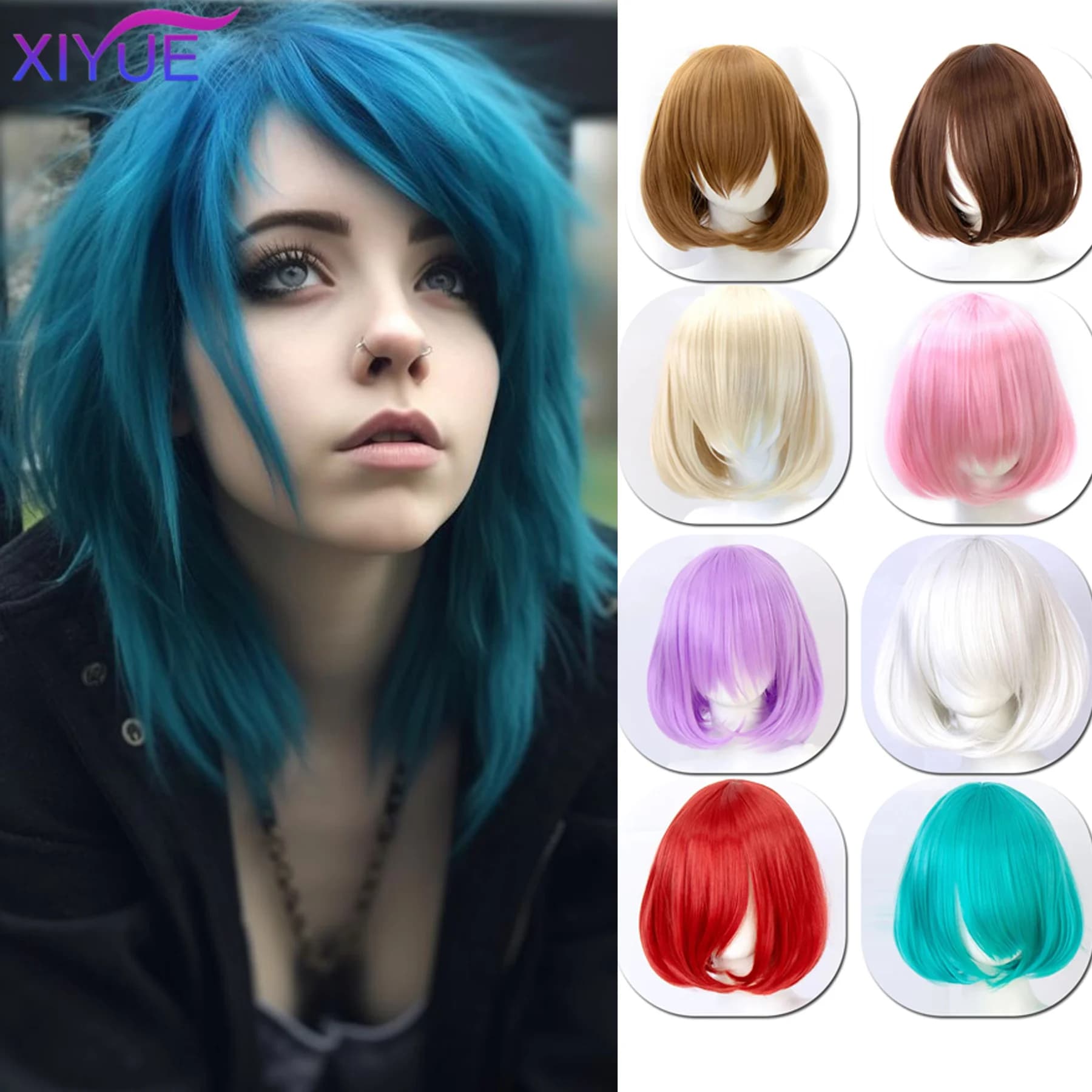 XIYUE Synthetic short bob straight hair with trimmable bangs Lolita Ombre pink red blue purple cosplay wig for women short wigs