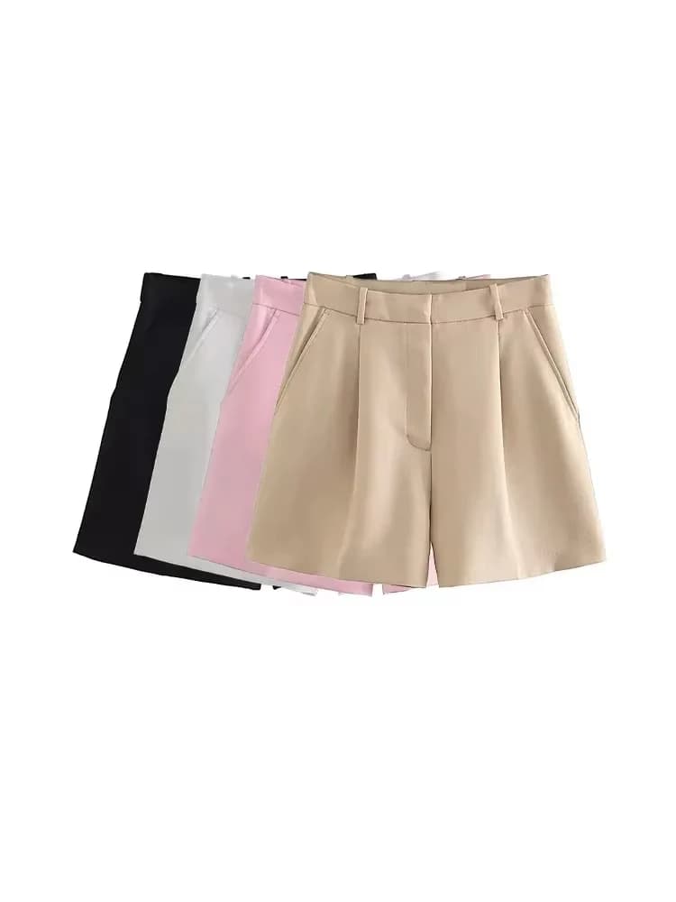 TRZA Women Fashion Side Pockets Front Darts Bermuda Shorts Vintage High Waist Zipper Fly Female Short Pants Mujer