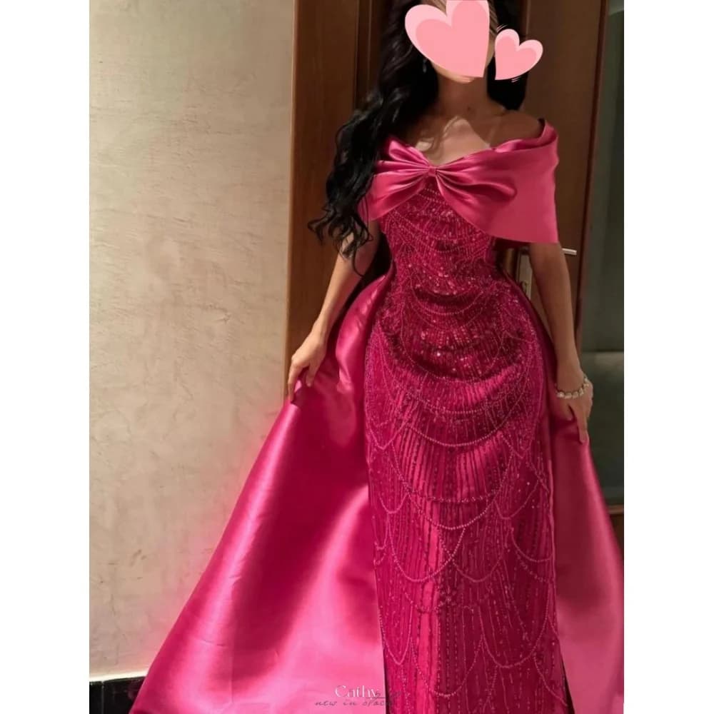 Cathy Rose Red Bow Shawl Off the Shoulder vestidos de noche Mermaid Beading Party Dresses Floor-Length Customized Prom Dress
