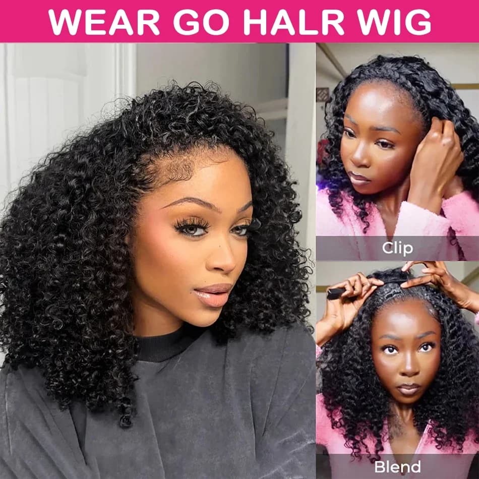 300% Wear Go Half Wig Human Hair Kinky Curly Headband Wig Upgrade 3 IN 1 Half Wig With Drawstring Seamless Clip Ins Flip Over