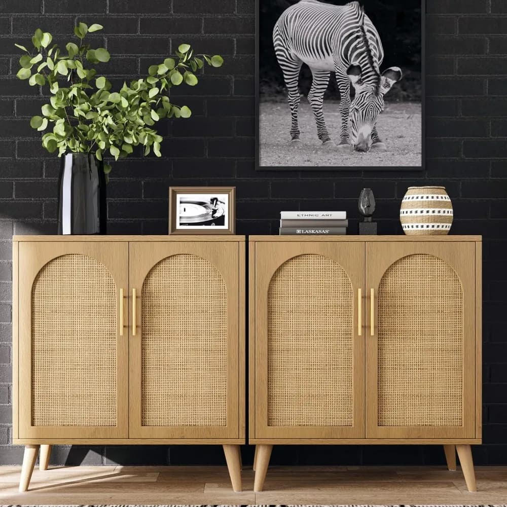 Set of 2 Rattan Storage Cabinet with Doors, Accent Bathroom Floor Cabinet, Modern Sideboard Buffet Cabinet for Living Ro