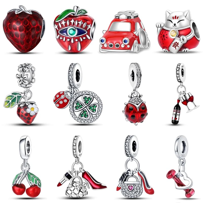925 Silver Strawberry Ladybird Cars Lipstick Fashion Woman Red Charms Beads Fit Pandach 925 Original Bracelets DIY Jewelry Gift
