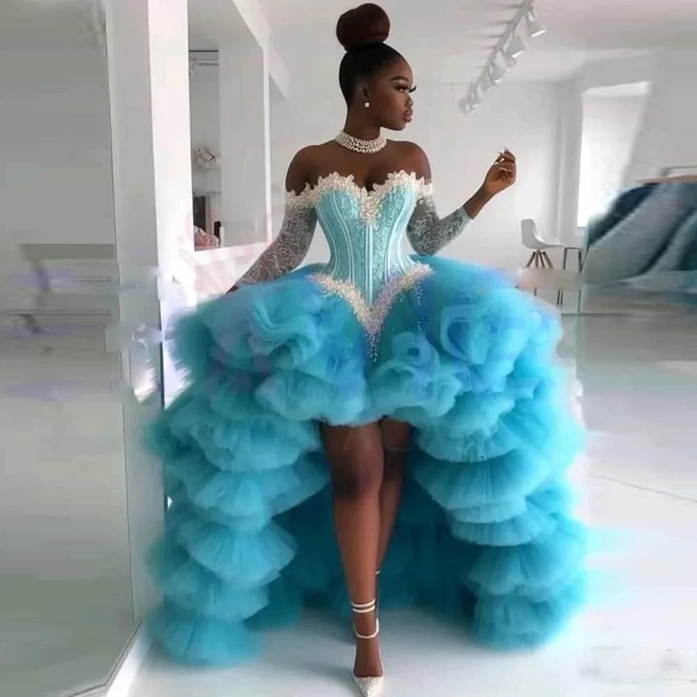Blue Off The Shoulder Prom Dresses Lace And Tiered Tulle High Low Evening Gowns Aso Ebi Long Sleeves African Women Party Dress
